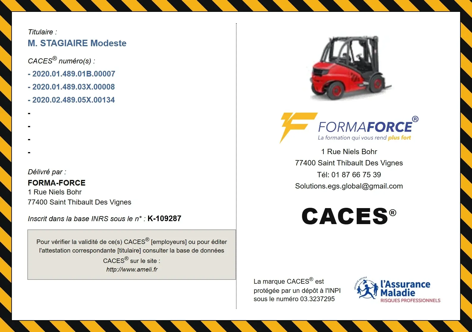 Modèle de certificat CACES® FORMA-FORCE — verso (document non nominatif)